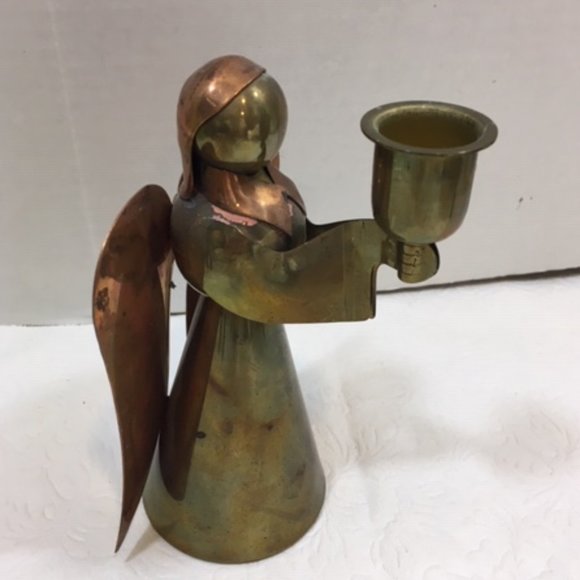 Brass Copper Angel Single Candle Holder Christmas 6" Vintage - Picture 7 of 14